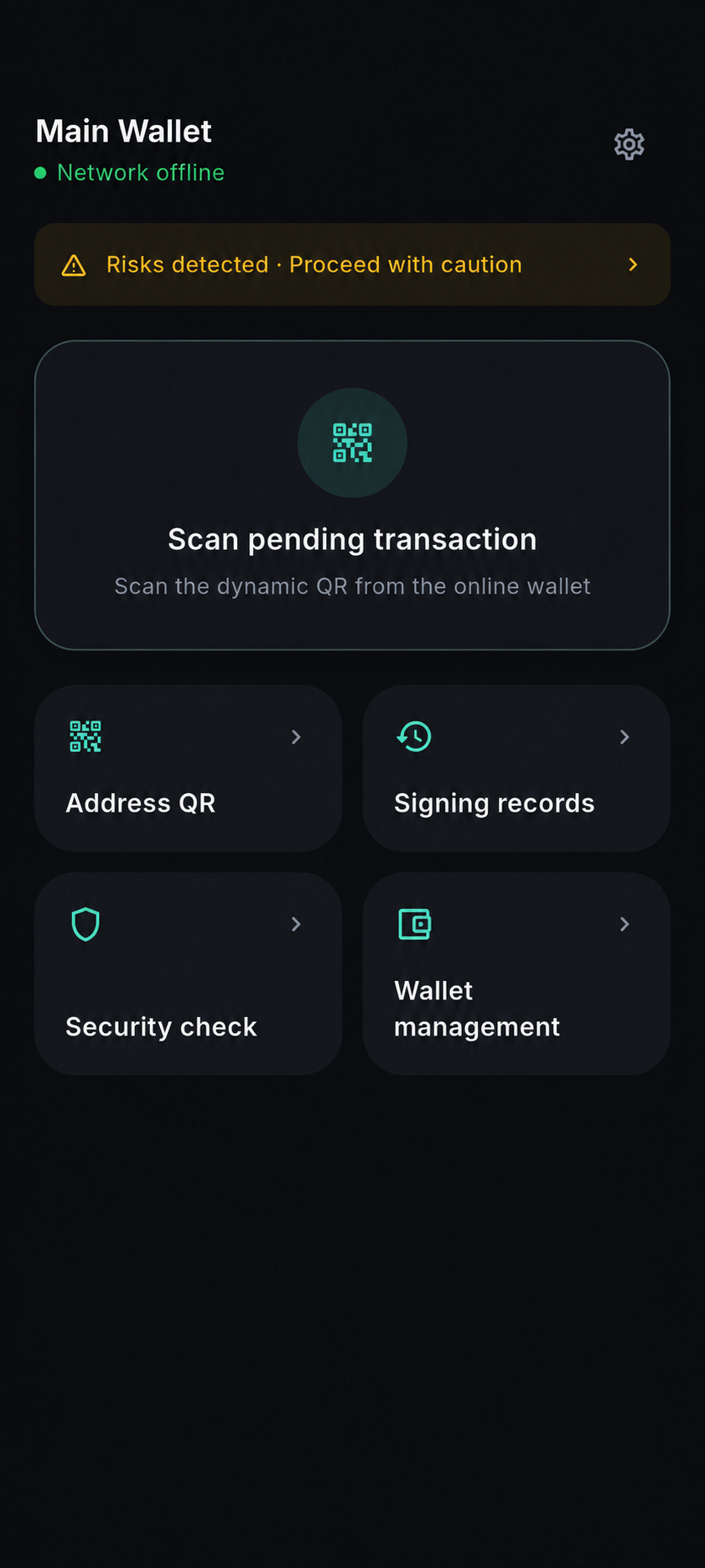 Current offline wallet: QR signing and two-column actions